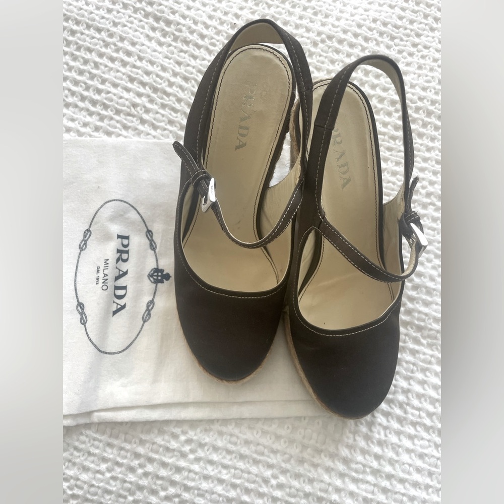 Prada brown  Mary Jane Espadrille wedge heels